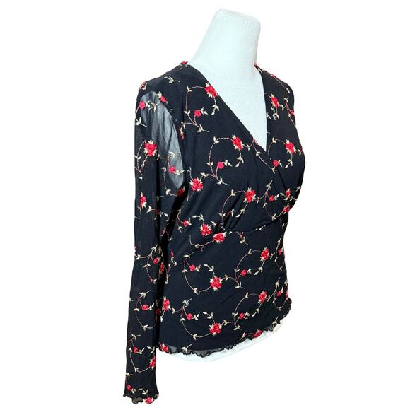 Vintage 90s Y2K Shirt Women Medium Black Mesh Lettuce Hem Sheer Floral Red Rose - Picture 3 of 11